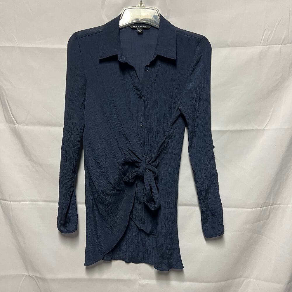 Zac & Rachel Navy Blue Button Front Top Size Small Tie Front Detail Long Sleeve